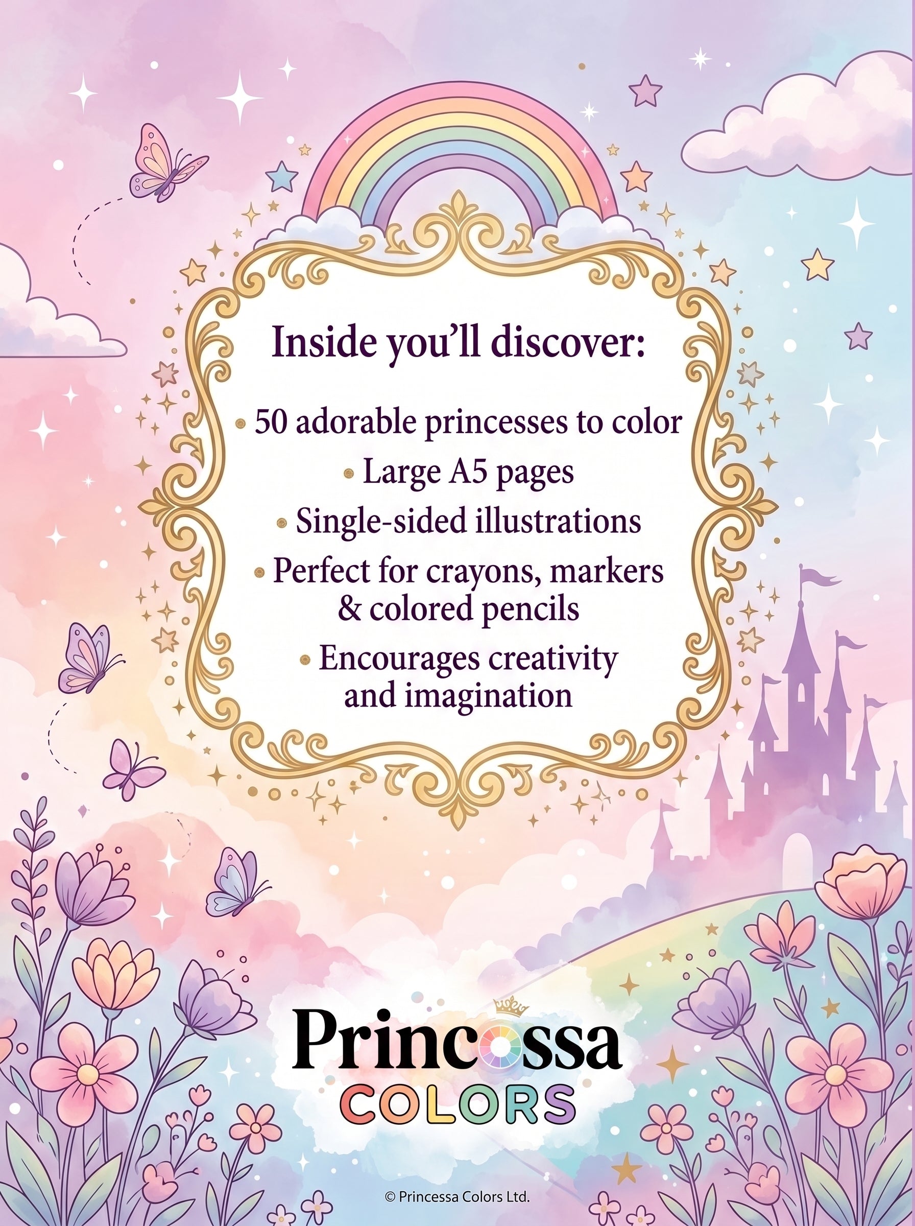 🎨 Livre de Coloriage Princesse + Palette de Couleurs & Cadeau Surprise | 50 Pages Magiques | Pour Filles