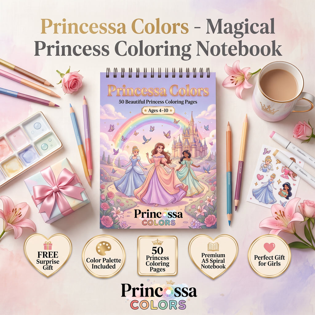 🎨 Livre de Coloriage Princesse + Palette de Couleurs & Cadeau Surprise | 50 Pages Magiques | Pour Filles