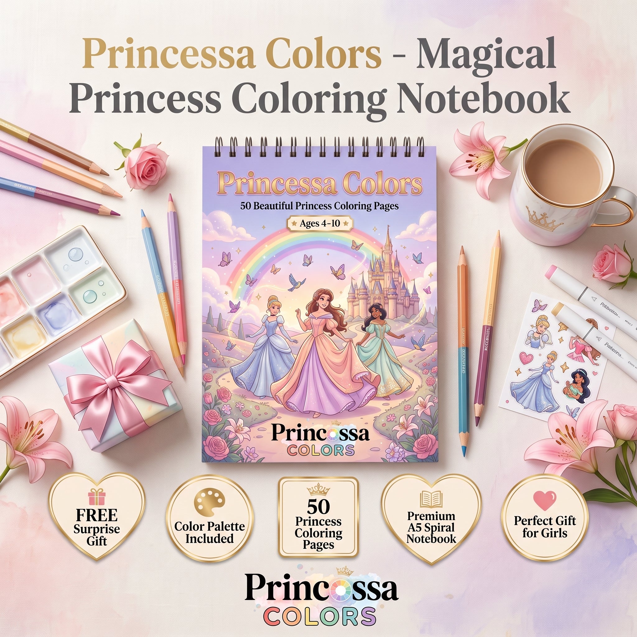 🎨 Livre de Coloriage Princesse + Palette de Couleurs & Cadeau Surprise | 50 Pages Magiques | Pour Filles